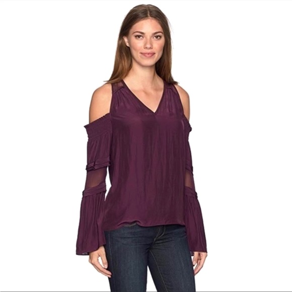 Ramy Brook Wine/ Merlot Cold Shoulder Silk Blend Blouse - Picture 12 of 12